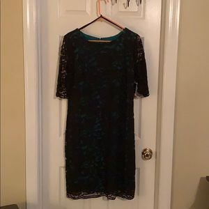 R&K black green lace above knee dress